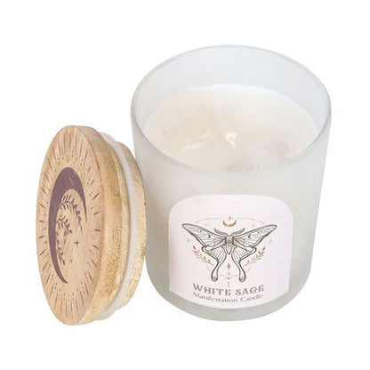 Luna Moth manifestation candle with white sage scent, clear quartz crystals, and frosted glass design