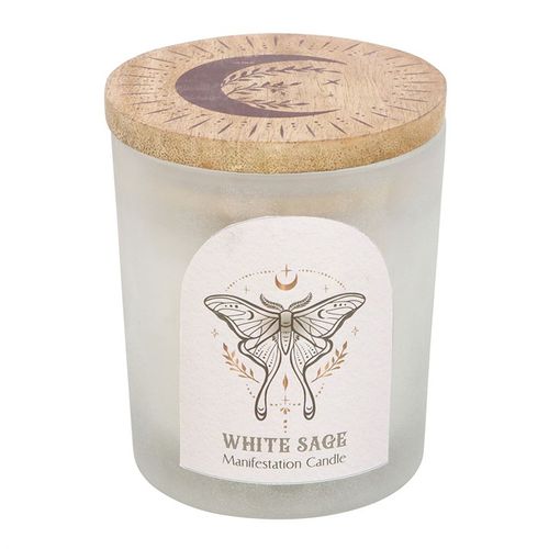 Luna Moth manifestation candle with white sage scent, clear quartz crystals, and frosted glass design