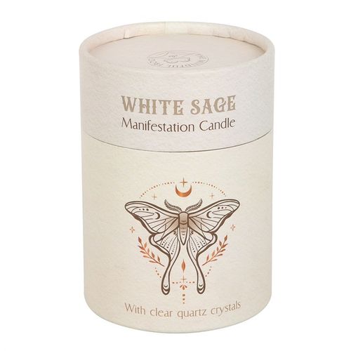 Luna Moth manifestation candle with white sage scent, clear quartz crystals, and frosted glass design