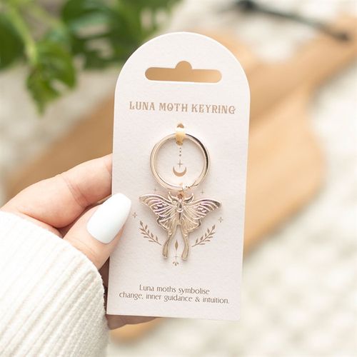 Luna Moth metal keyring on decorative backing card