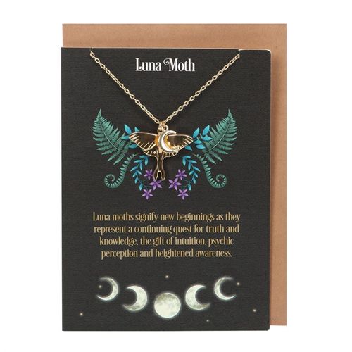 Gold-tone Luna Moth necklace with crescent moon charm on matching greeting card