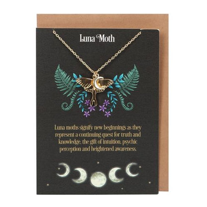 Gold-tone Luna Moth necklace with crescent moon charm on matching greeting card