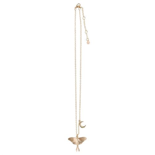 Gold-tone Luna Moth necklace with crescent moon charm on matching greeting card