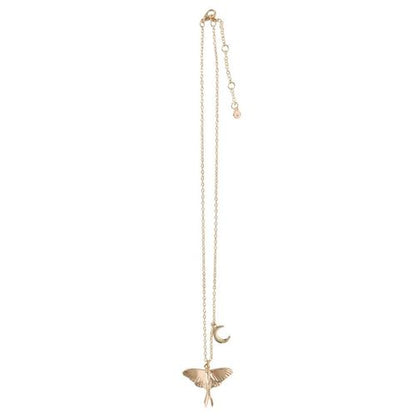 Gold-tone Luna Moth necklace with crescent moon charm on matching greeting card