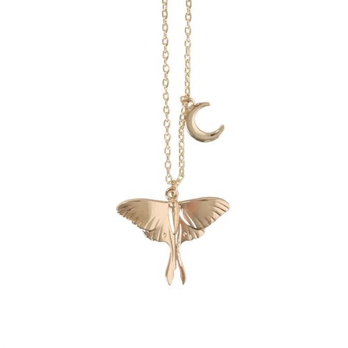 Gold-tone Luna Moth necklace with crescent moon charm on matching greeting card