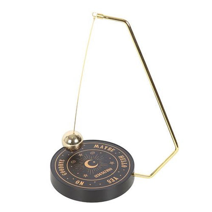 Metal decision maker with mystical talking board design and gold-tone spherical pendulum for answering yes/no questions.