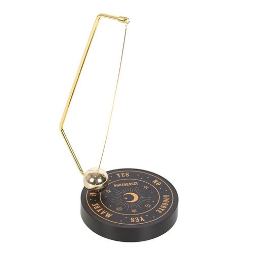 Metal decision maker with mystical talking board design and gold-tone spherical pendulum for answering yes/no questions.