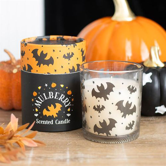 Halloween bat candle with mulberry fragrance in decorative glass jar and wooden lid