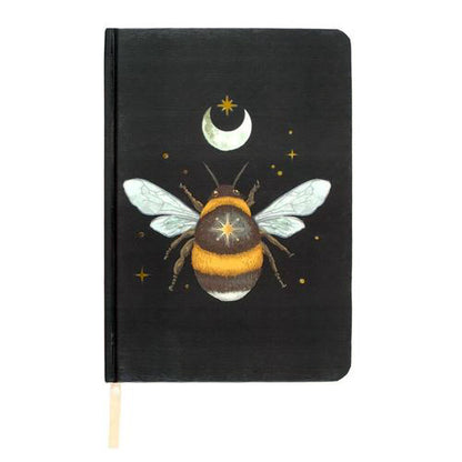 A5 notebook with mystical bee design, gold foil page edges, and ribbon marker.