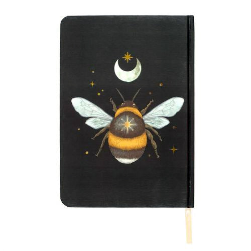 A5 notebook with mystical bee design, gold foil page edges, and ribbon marker.