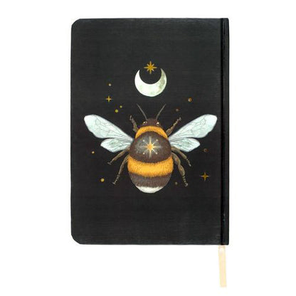 A5 notebook with mystical bee design, gold foil page edges, and ribbon marker.