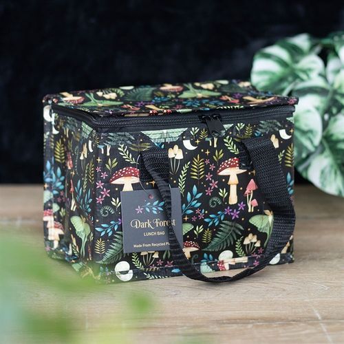 Dark forest print insulated lunch bag made from recycled plastic, eco-friendly and stylish.