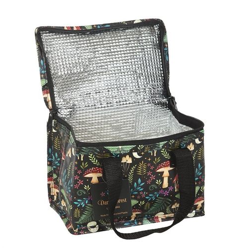 Dark forest print insulated lunch bag made from recycled plastic, eco-friendly and stylish.