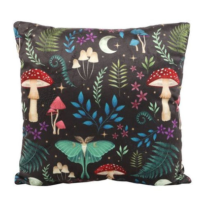 Printed cushion with forest motifs, including mystical mushrooms and moonlit moths, in dark botanical colours.