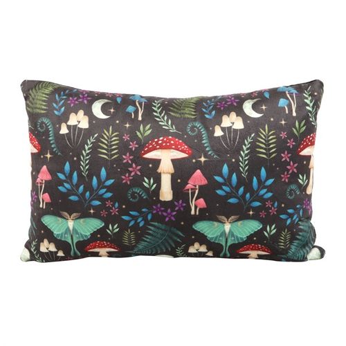 Printed cushion with forest motifs, including mystical mushrooms and moonlit moths, in dark botanical colours.