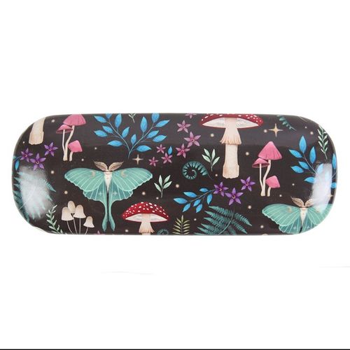 Hard shell glasses case with mystical forest print featuring mushrooms, moths, and magickal plants.