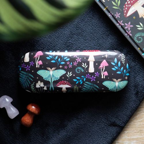 Hard shell glasses case with mystical forest print featuring mushrooms, moths, and magickal plants.