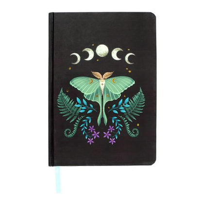 A5 Luna Moth notebook with gold foil page edges and ribbon marker