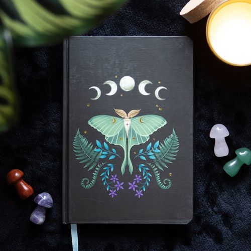 A5 Luna Moth notebook with gold foil page edges and ribbon marker