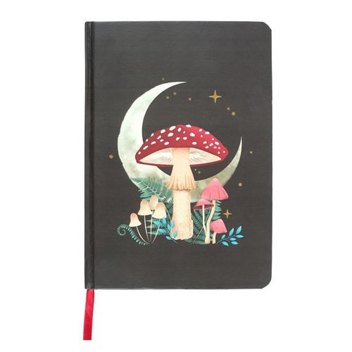 A5 notebook with mystical mushroom design, gold foil page edges, and ribbon marker.