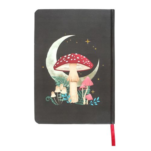 A5 notebook with mystical mushroom design, gold foil page edges, and ribbon marker.