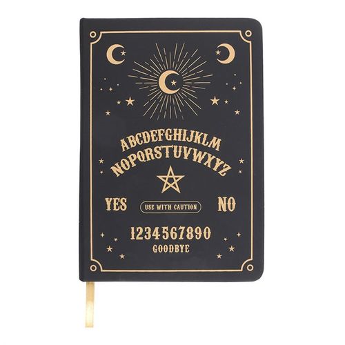 A5 notebook with mystical talking board design, gold foil pages, and ribbon marker.