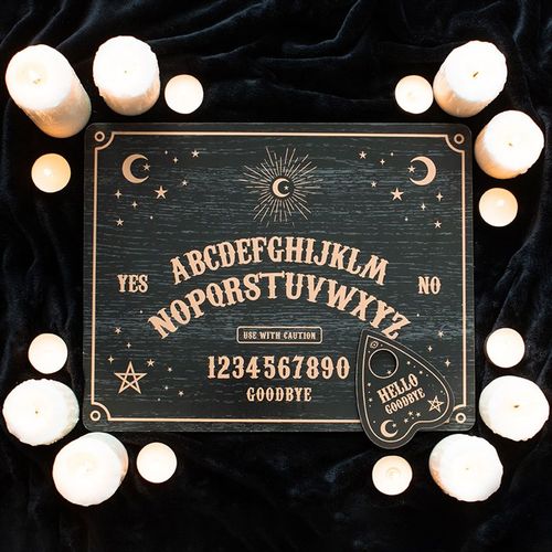 Mystical talking board with matching planchette, designed for entertainment and decorative use.