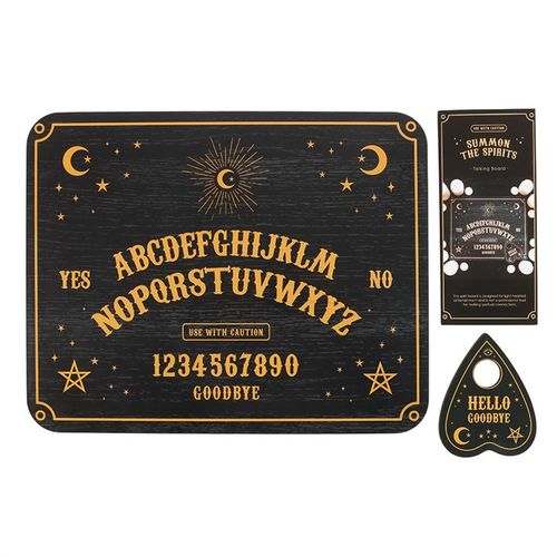 Mystical talking board with matching planchette, designed for entertainment and decorative use.