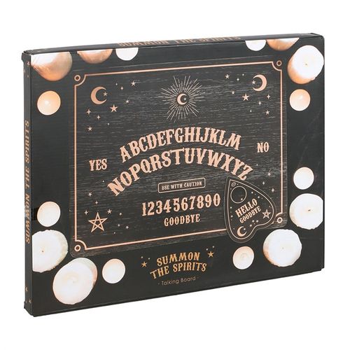 Mystical talking board with matching planchette, designed for entertainment and decorative use.