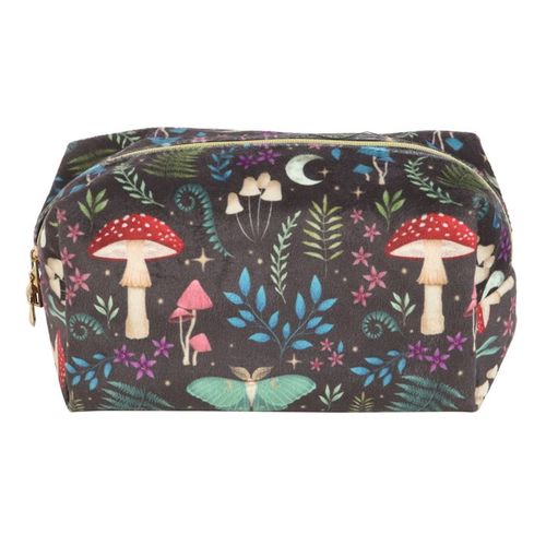 Zippered toiletry bag featuring gold bee accent, mystical mushrooms, luna moth, and magickal plants.