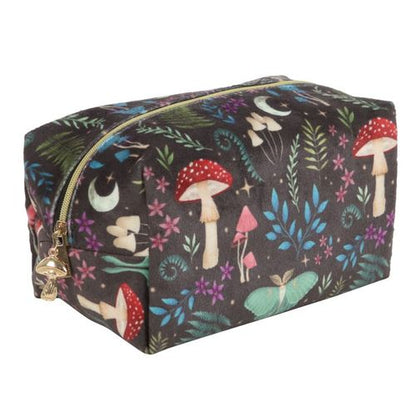 Zippered toiletry bag featuring gold bee accent, mystical mushrooms, luna moth, and magickal plants.