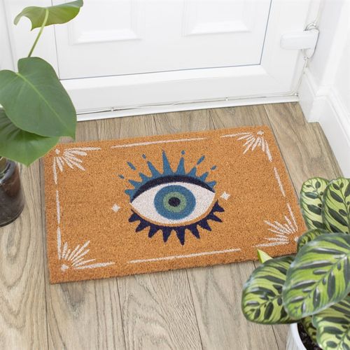 Natural All Seeing Eye Doormat with mystical protective design, suitable for indoor and sheltered outdoor use.