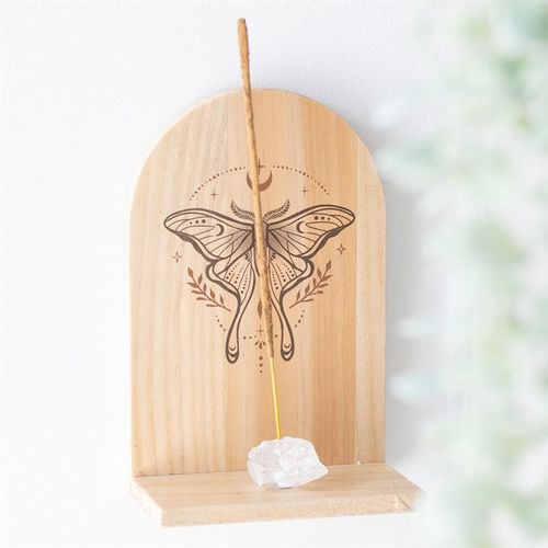 Natural wooden incense shelf with Luna Moth design for fragrance and trinkets