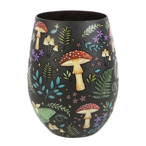 Stemless glass featuring night forest design with florals, toadstools, luna moths, and celestial moon and star details.