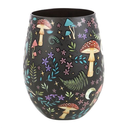 Stemless glass featuring night forest design with florals, toadstools, luna moths, and celestial moon and star details.