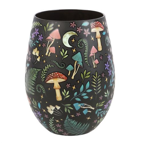 Stemless glass featuring night forest design with florals, toadstools, luna moths, and celestial moon and star details.