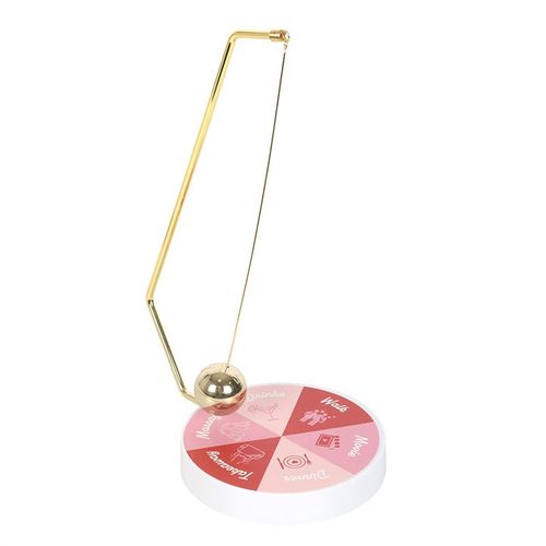 Pendulum Decision Maker for Date Night with gold-tone pendulum and six activity outcomes in pink and red colours.