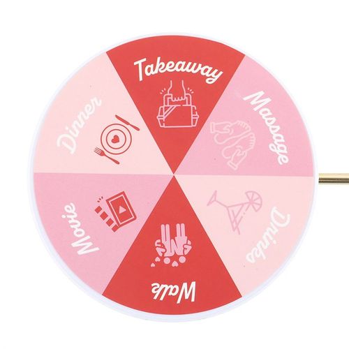 Pendulum Decision Maker for Date Night with gold-tone pendulum and six activity outcomes in pink and red colours.