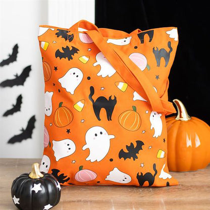 Polycotton Halloween tote bag with ghost and pumpkin print