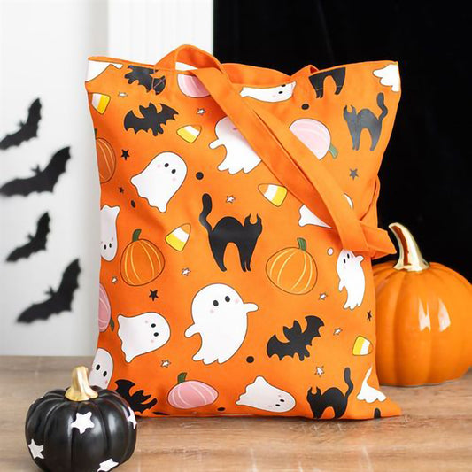 Polycotton Halloween tote bag with ghost and pumpkin print