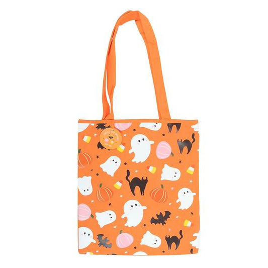 Reusable tote bag with seasonal ghost and pumpkin design