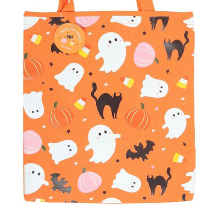 Halloween trick or treat tote with ghost and pumpkin artwork