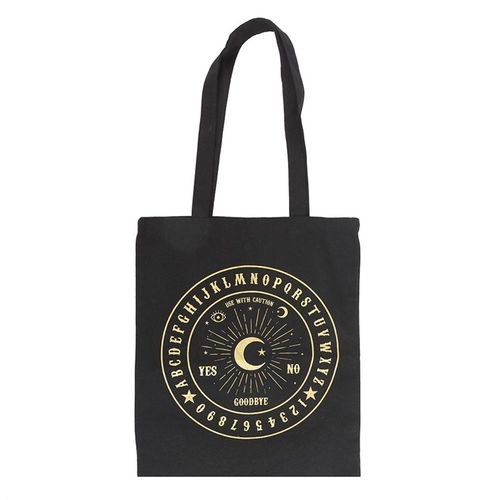 Eco-friendly polycotton tote bag with gold round talking board design printed on black, perfect for shopping or carrying essentials.