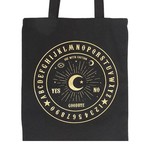 Eco-friendly polycotton tote bag with gold round talking board design printed on black, perfect for shopping or carrying essentials.