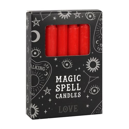 Pack of 12 red spell candles for love, romance, and vitality rituals, perfect for magical practices.