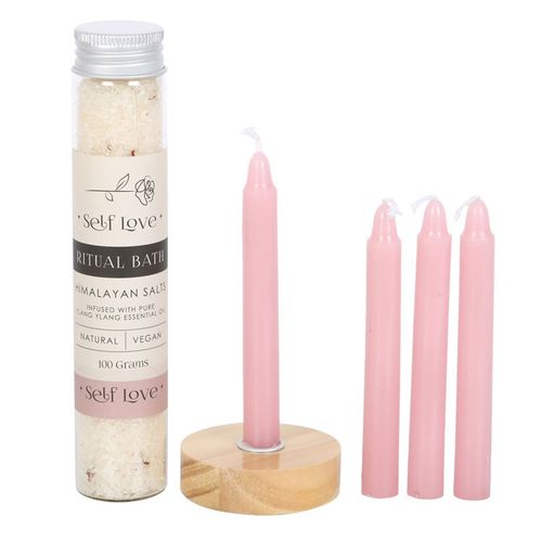 Self Love Ritual Bath Kit featuring Himalayan salt bath salts, ylang ylang essential oil, pink spell candles, and a wooden holder for a nurturing, healing ritual.