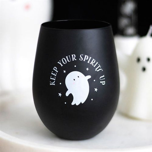 Stemless ghost wine glass with Keep Your Spirits Up phrase