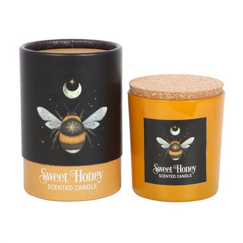 Sweet Honey candle with mystical forest bee design, made from vegan paraffin wax with a 25-hour burn time.