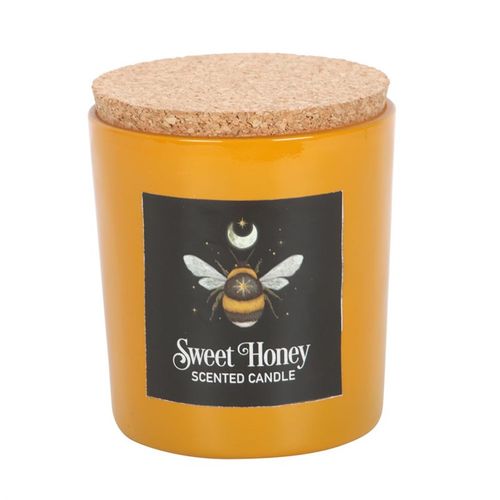 Sweet Honey candle with mystical forest bee design, made from vegan paraffin wax with a 25-hour burn time.