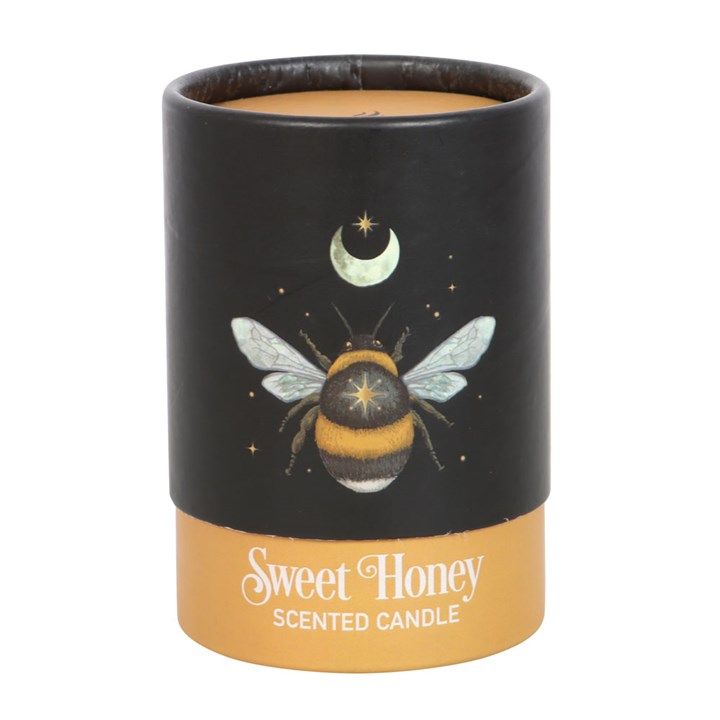 Sweet Honey candle with mystical forest bee design, made from vegan paraffin wax with a 25-hour burn time.